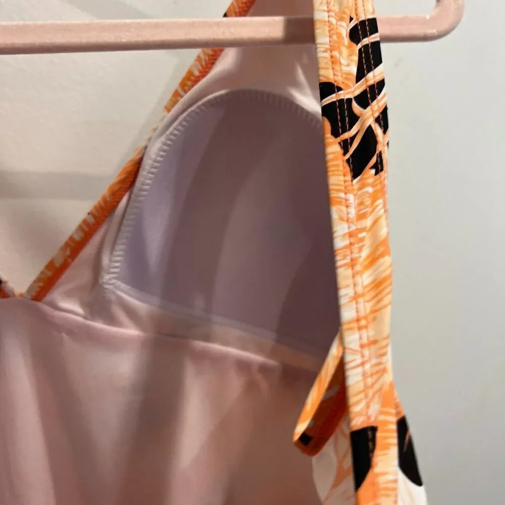 Jaclyn Smith Womens Orange Swimsuit 12 One Piece Floral Padded Pullover Stretch